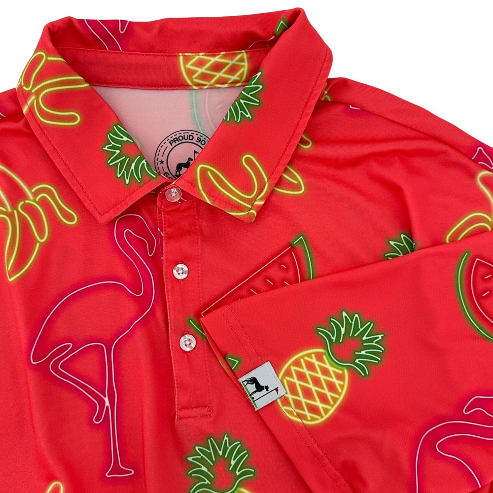 Proud 90‎ Mens 2XL Performance Golf Polo Shirt Colorful Flamingos Fruit Tropical